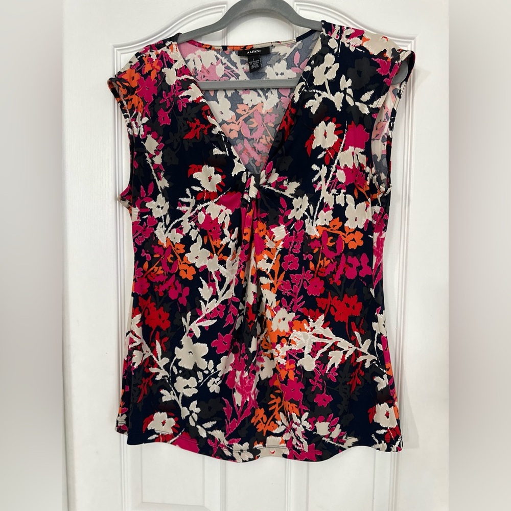 Alfani Floral V-Neck Sleeveless Blouse - Pink, Orange, Cream - Picture 3 of 7
